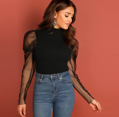 Black Mesh Sleeve High Neck Top - SUMMER COLLECTION