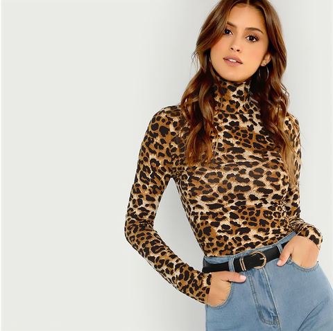 Leopard Print Long Sleeved High Neck Pullover - SUMMER COLLECTION