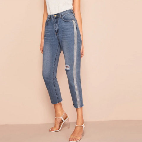 Side Striped Ripped Womens Jeans - SUMMER COLLECTION