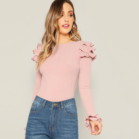 Pink Ruffle Trim Long Sleeved Top - SUMMER COLLECTION
