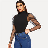 Black Mesh Sleeve High Neck Top - SUMMER COLLECTION