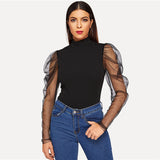 Black Mesh Sleeve High Neck Top - SUMMER COLLECTION
