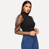 Black Mesh Sleeve High Neck Top - SUMMER COLLECTION
