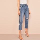 Side Striped Ripped Womens Jeans - SUMMER COLLECTION